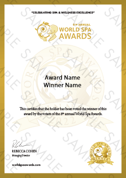World Spa Awards winner certificate sample